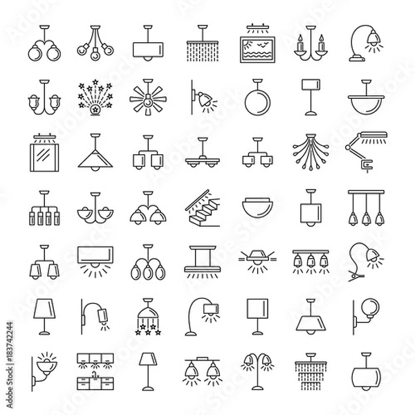 Fototapeta Indoor lighting. Wall, table and ceiling lamps. Vector line icons.