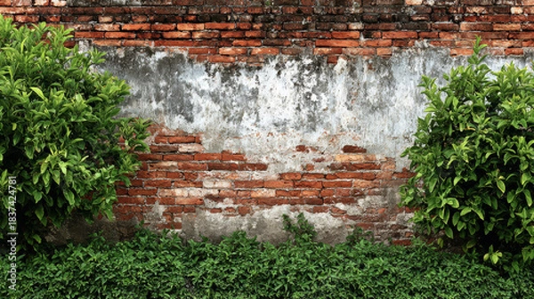 Obraz Red and white old brick wall with green hedge, summer day, copy space, background, texture