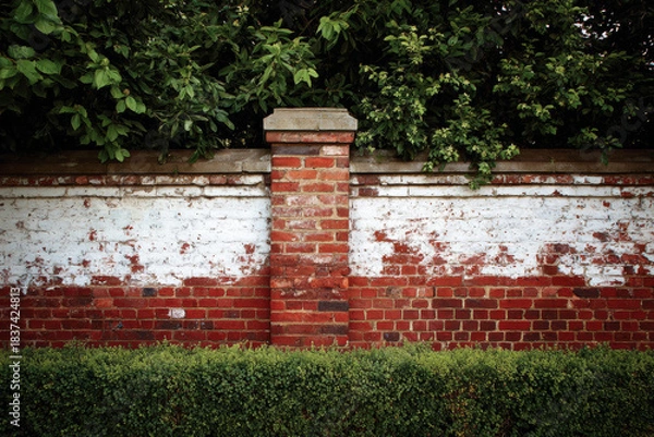 Obraz Red and white old brick wall with green hedge, summer day, copy space, background, texture
