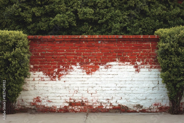 Obraz Red and white old brick wall with green hedge, summer day, copy space, background, texture