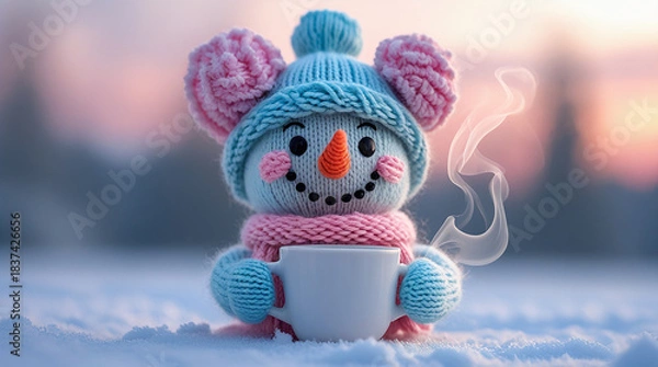 Obraz Cute knitted snowman winter scene