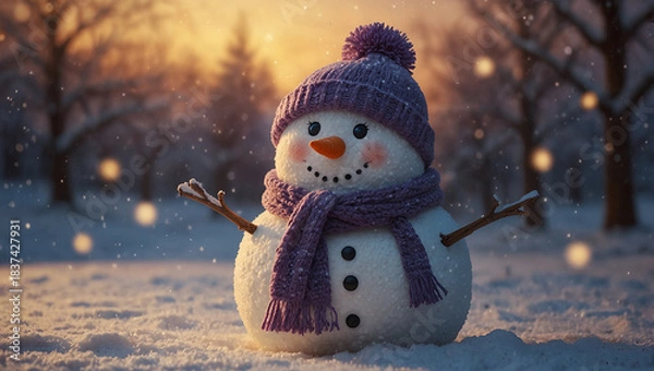 Obraz Winter snowman glowing with lights