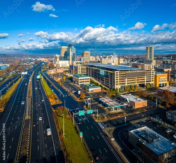 Fototapeta Downtown Springfield Massachusetts Skyline and Highway Aerial