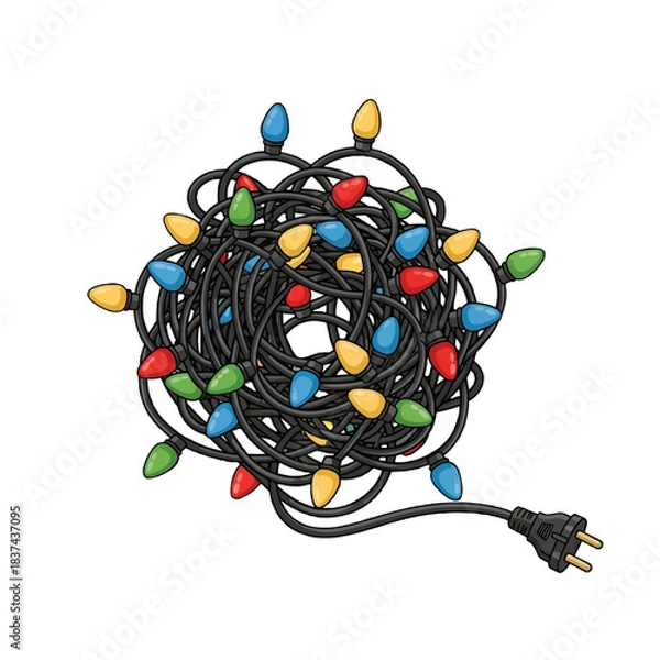 Obraz Tangled string of festive Christmas lights with various color. They create a vibrant and cheerful atmosphere for the holiday season. The electric cord is visible with a plug ready for connecting 