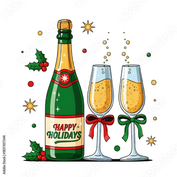 Obraz Cheers to festive celebration with champagne bottle and flutes, festive holiday season with bow ties and stars