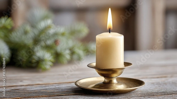 Fototapeta Warm candlelight with flickering taper candle in brass holder on rustic wooden table for cozy decor