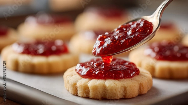 Fototapeta Delicate thumbprint cookie crafting with luscious jam filling