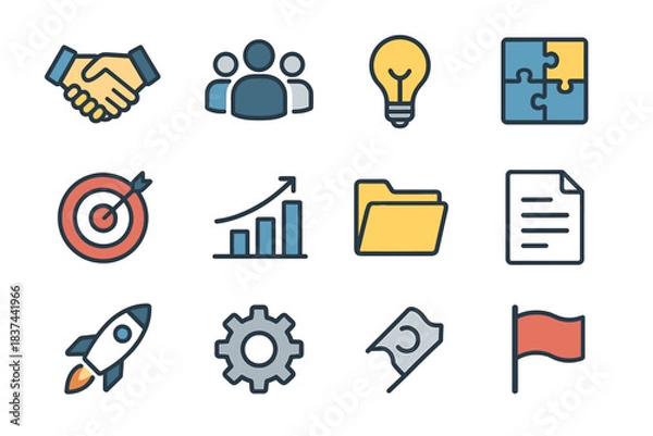 Obraz Teamwork icon team vector folder gear set rocket puzzle light goal flag