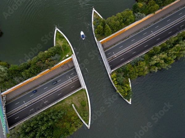 Fototapeta Drone view of the famous aquaduct near Harderwijk, The Netherlands