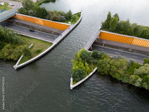 Fototapeta Drone view of the famous aquaduct near Harderwijk, The Netherlands
