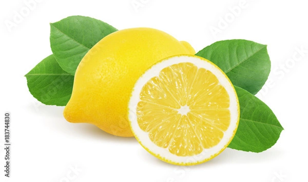 Fototapeta Lemon with leaves isolated on white background.