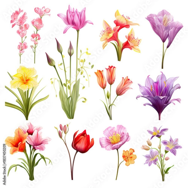 Obraz Colorful spring flowers set isolated on white background