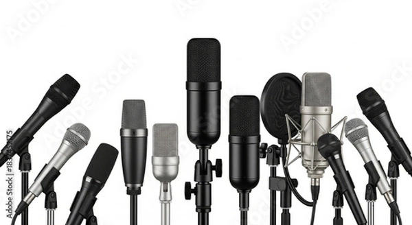 Fototapeta Professional array of diverse studio microphones ready for broadcast interviews and high quality audio recording sessions