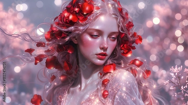 Fototapeta beautiful girl in rose petals in anime style