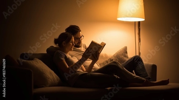 Obraz Cozy Evening Reading Together on a Couch with Soft Lighting