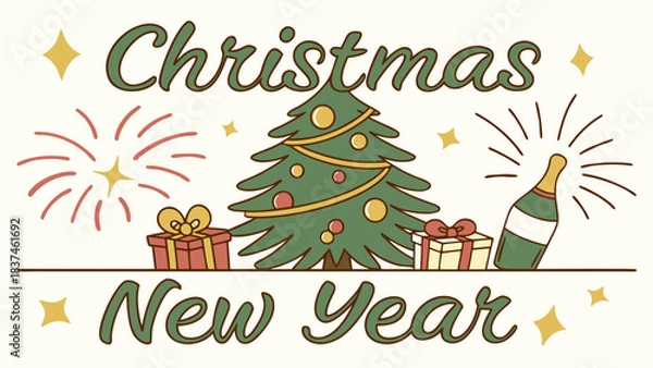 Obraz Merry Christmas and Happy New Year greeting card vector design with decorated winter tree illustration