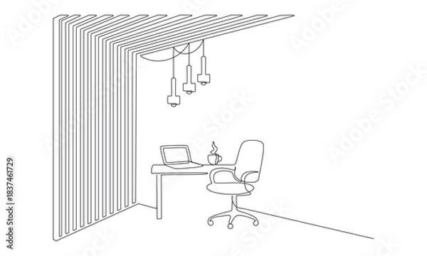 Obraz Continuous one line drawing of modern workspace featuring chair, table, computer setup. Minimalist sketch illustration with linear style of contemporary business interior design. Doodle illustration