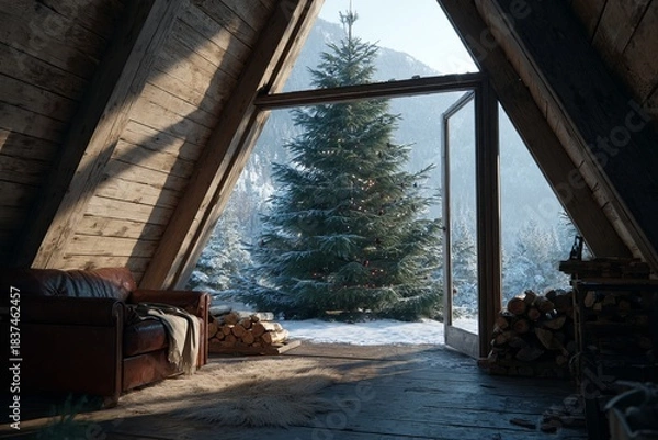 Obraz Cozy cabin interior with snowy view