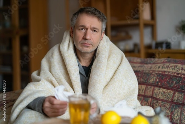 Obraz Ill Man Wrapped In Blanket At Home