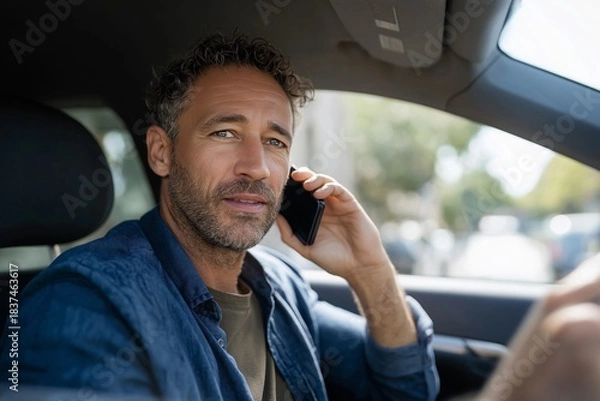 Obraz Man talking on smartphone in car