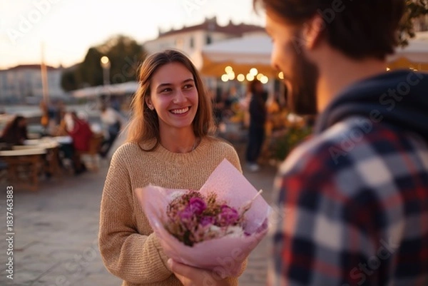 Obraz Couple sharing flowers during sunset