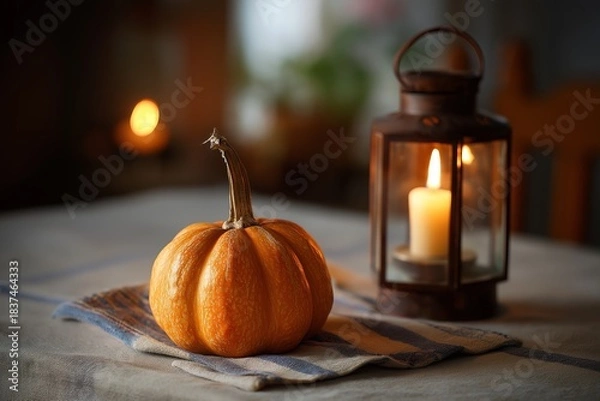 Obraz Pumpkin And Candle Lantern On Table