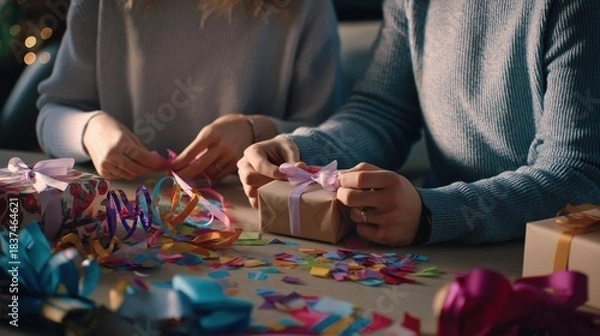 Obraz Creative Gift Wrapping Session with Colorful Ribbons and Paper