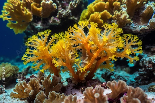 Obraz Close-up of yellow soft coral polyps in vibrant underwater scene