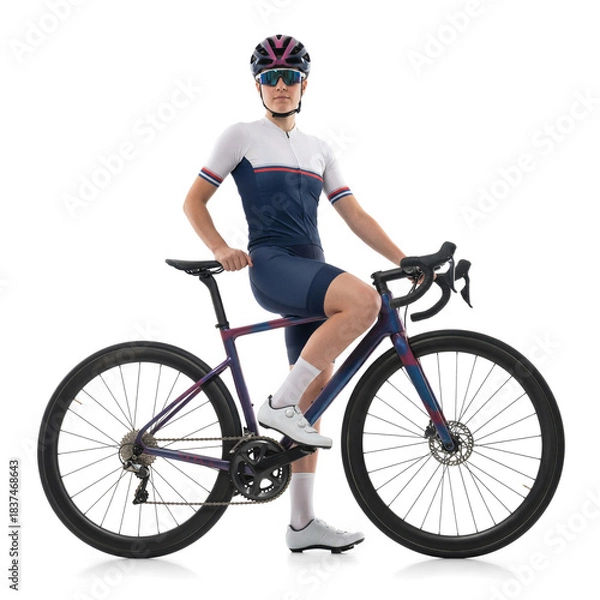 Obraz Female Cyclist Sitting on Road Bicycle Posing on Isolated Background