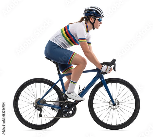 Obraz Female Cyclist Riding Road Bike Side View Isolated on Isolated Background