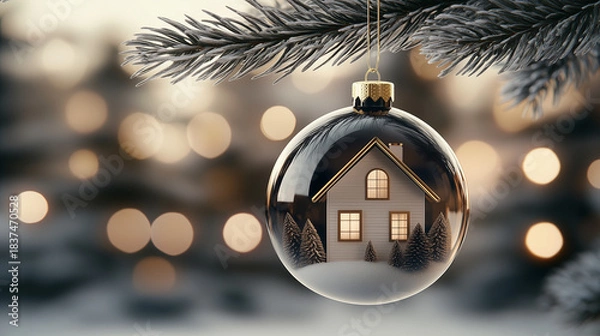 Obraz Glossy Blown-Glass House Ornament with Warm Holiday Lights