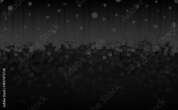 Obraz 夜空とモザイクのような土の地層の風景をグラデーションの効果もある幻想的なイメージをモノクロの黒や灰の色のイラストでデザインしたテクスチャ、背景、壁紙