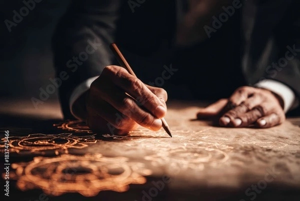 Fototapeta A close-up of a businessman's hand, elegantly dressed, drawing a gear on a textured paper, warm ambient lighting creating an inspiring mood of ambition