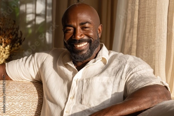 Fototapeta Modern home setting with gentle sunlight filtering through curtains. Mid-adult man in casual wear sits on a comfortable sofa, radiating joy and contentment while looking directly at the camera