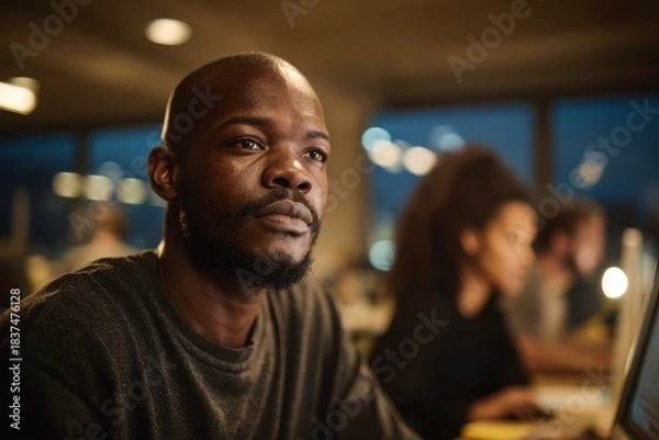 Fototapeta A focused man in a contemporary home office, with soft ambient light, discussing with diverse colleagues on a computer screen, showcasing teamwork and remote connectivity