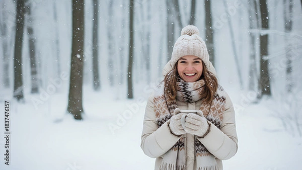 Obraz Happy woman enjoying peaceful snowfall in serene forest with warm winter outfit and cozy mug in tranquil nature escape moment