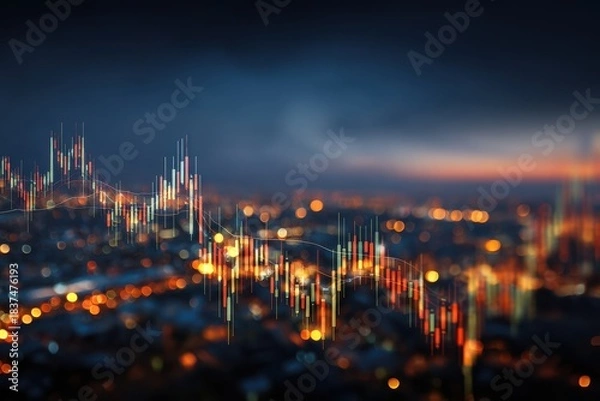Fototapeta Double exposure of a luminous forex candlestick chart and a bustling urban landscape at twilight, with sharp contrasts and dynamic lighting, creating an atmosphere of high-stakes investment