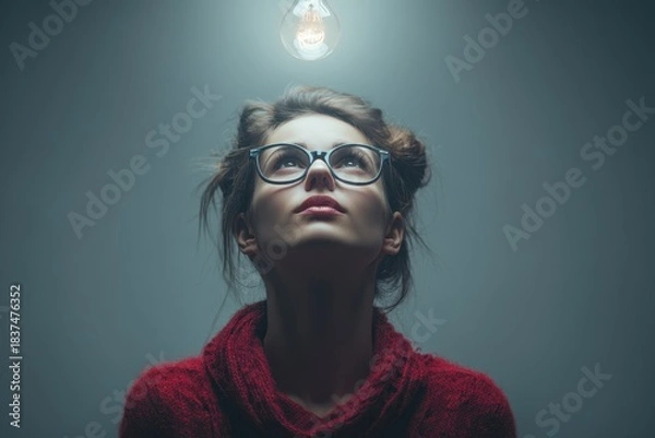 Fototapeta Introspective woman in elegant glasses looks skyward, with a warm light bulb shining above her, surrounded by a minimalist gray background, conveying a sense of discovery