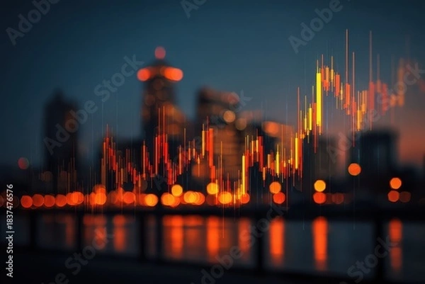 Fototapeta Abstract glowing candlestick chart overlaid on a softly blurred city skyline at dusk, featuring vibrant neon colors and futuristic lighting, evoking a sense of innovation
