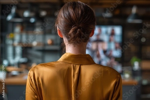 Fototapeta A businesswoman's back view in a stylish home workspace, leading a virtual meeting with colleagues displayed on the laptop screen. Bright, ambient lighting enhances the professional yet inviting envir