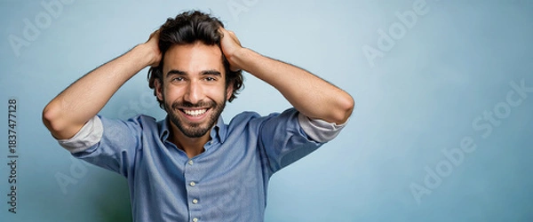 Fototapeta 25/30 year old man with curly brown hair with a wide smile and a light blue shirt, looking at the camera with a happy and surprised expression.
