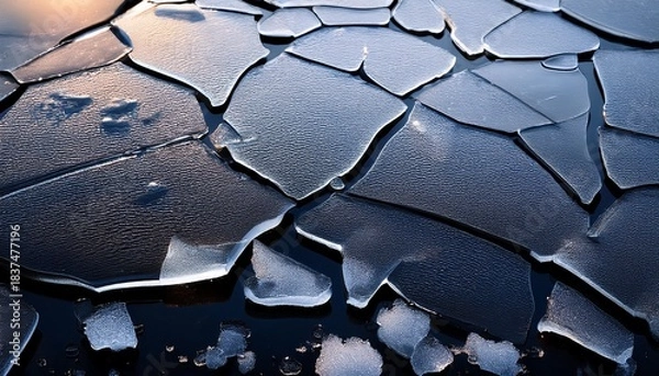 Fototapeta Cracked Ice On A Puddle Texture Background Cracks And Shards On A Dark Background