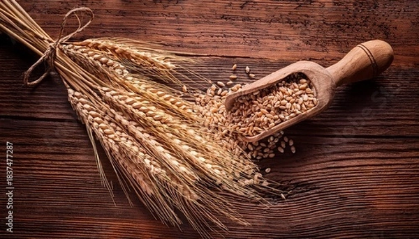 Fototapeta Wheat Stalks And Grains In A Wooden Scoop On A Rustic Wooden Surface
