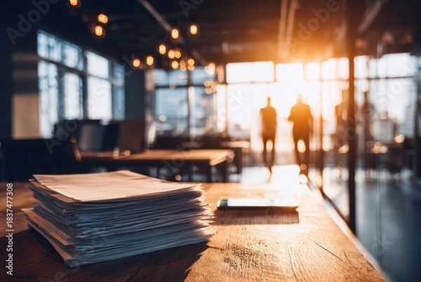Fototapeta Brightly lit modern office with a wooden table, featuring business documents, a smartphone, and a laptop. Colleagues discuss data in the background, creating a collaborative atmosphere