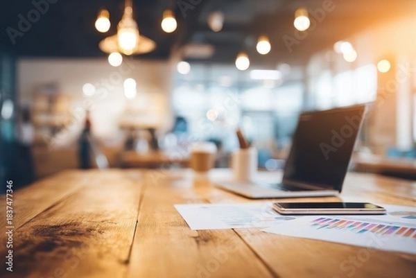 Fototapeta Brightly lit modern office with a wooden table, featuring business documents, a smartphone, and a laptop. Colleagues discuss data in the background, creating a collaborative atmosphere