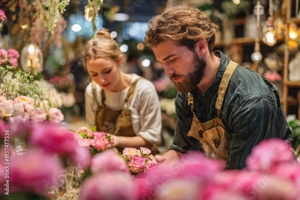 Fototapeta Two happy florists working side by side in a colorful flower shop, crafting beautiful bouquets with fresh flowers, exuding a warm and inviting atmosphere