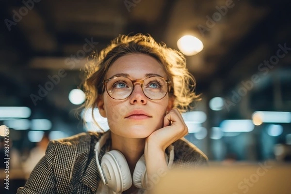 Fototapeta Professional woman in a contemporary workspace, sporting stylish headphones, surrounded by minimalist decor, discussing project details on a video call, warm lighting creating an inviting atmosphere