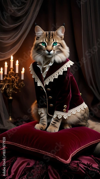 Obraz Elegant cat with emerald eyes in burgundy velvet jacket on crimson cushion