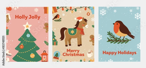 Obraz Cute Christmas cards. Vector illustrations. Merry Christmas. New Year's symbol. Gift cards. Bullfinch on a branch. New Year's horse. Print for card design. Templates