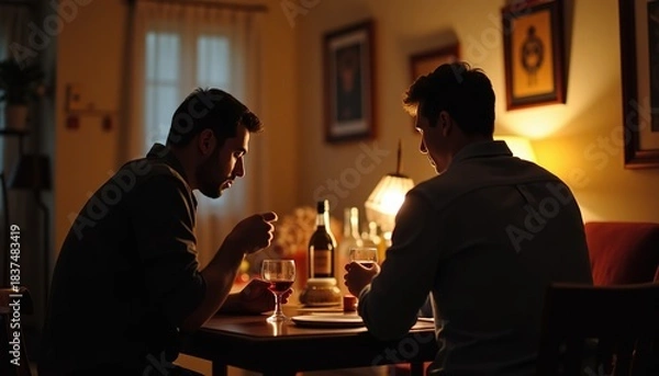 Obraz Two mature men having an engaging conversation over drinks